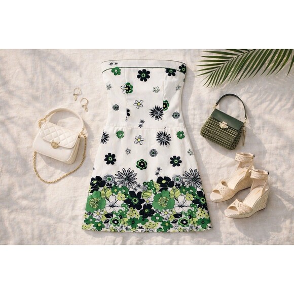 Tweeze Me Dresses & Skirts - Teeze Me Strapless Floral Dress Size 9 | Green Black White Cotton Fit Flare